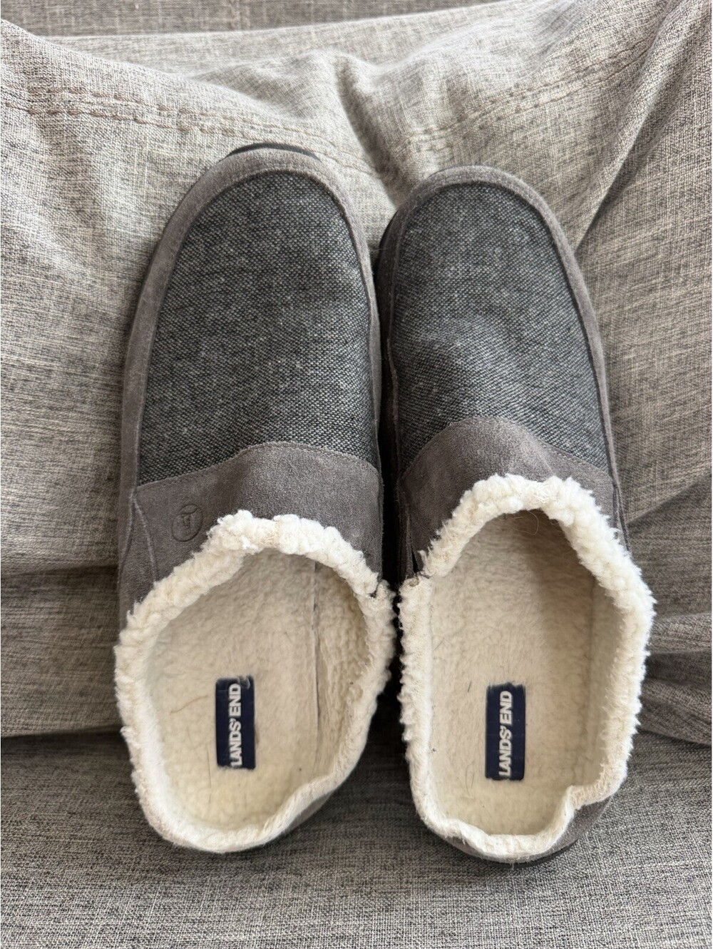 Lands End Clog Slipper Dark Gray Suede Women Size 11 Faux Fur Lined Mule